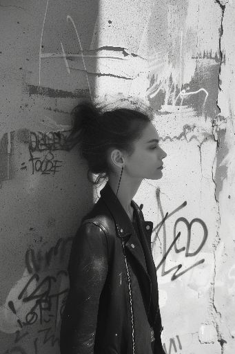 Monochrome image of a woman in profile against graffiti wall