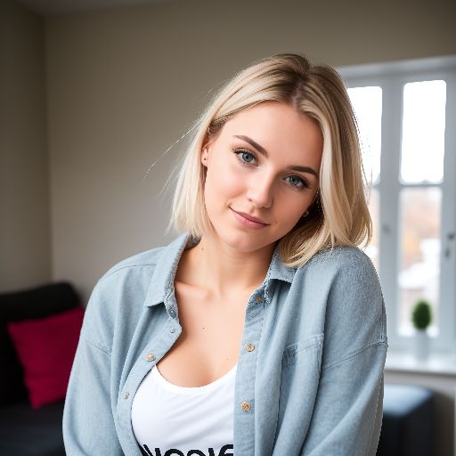 Portrait of a young blonde woman in casual clothing at home